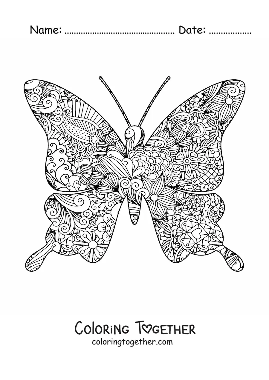 Coloring page of a butterfly mandala