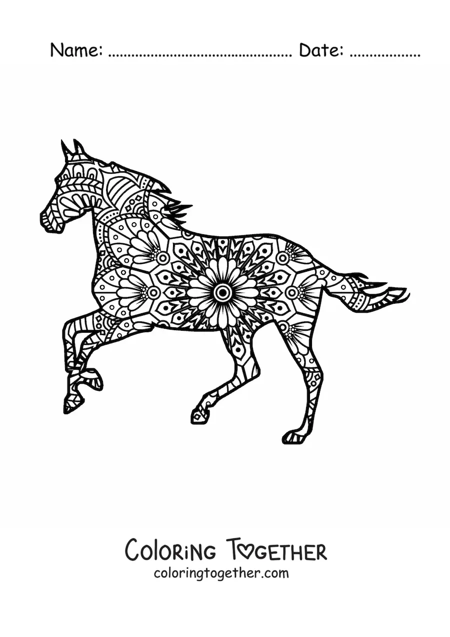 Coloring page of a horse mandala