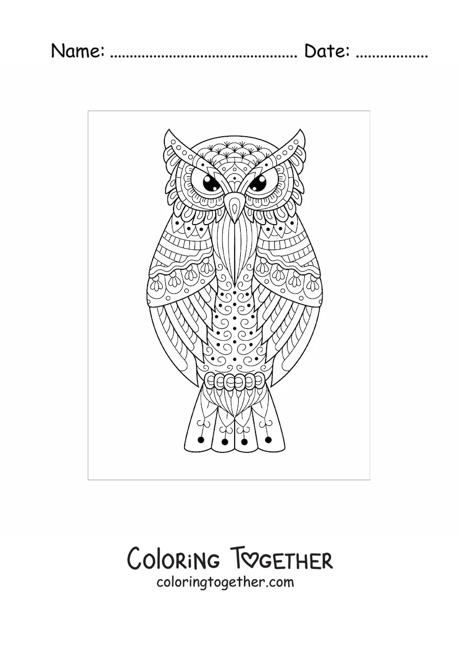 Coloring page of a difficult owl mandala