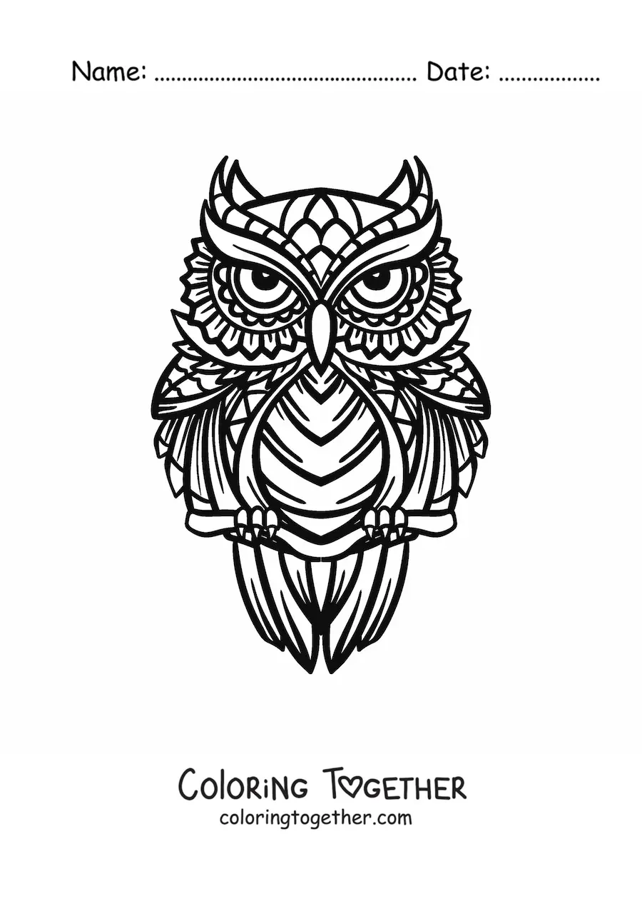 Coloring page of a geometric owl mandala