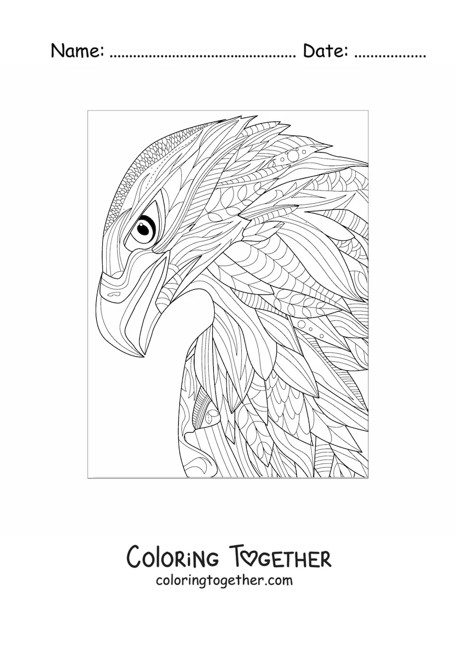 Coloring page of a hawk mandala