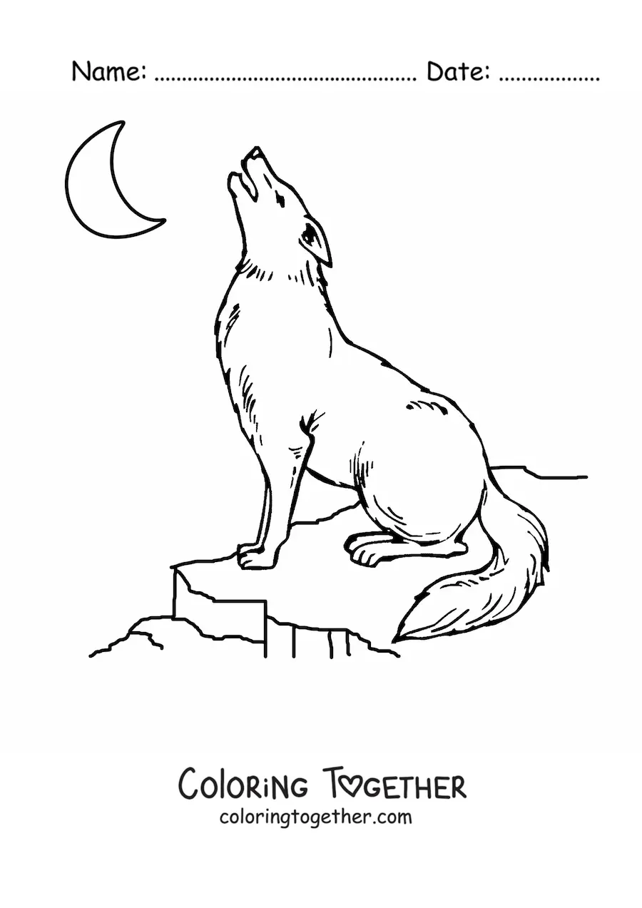 Coloring page of a wolf sitting on a rock and howling at the moon