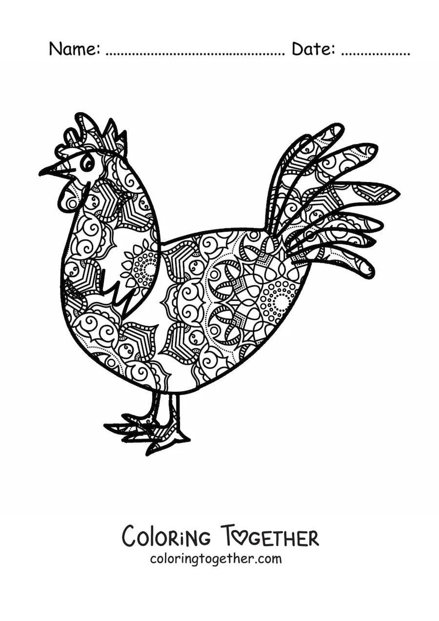 Coloring page of a rooster mandala