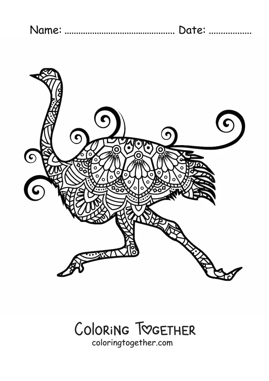 Coloring page of an ostrich mandala