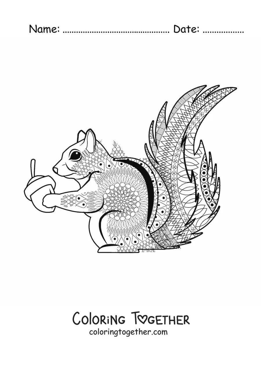 Coloring page of a squirrel mandala