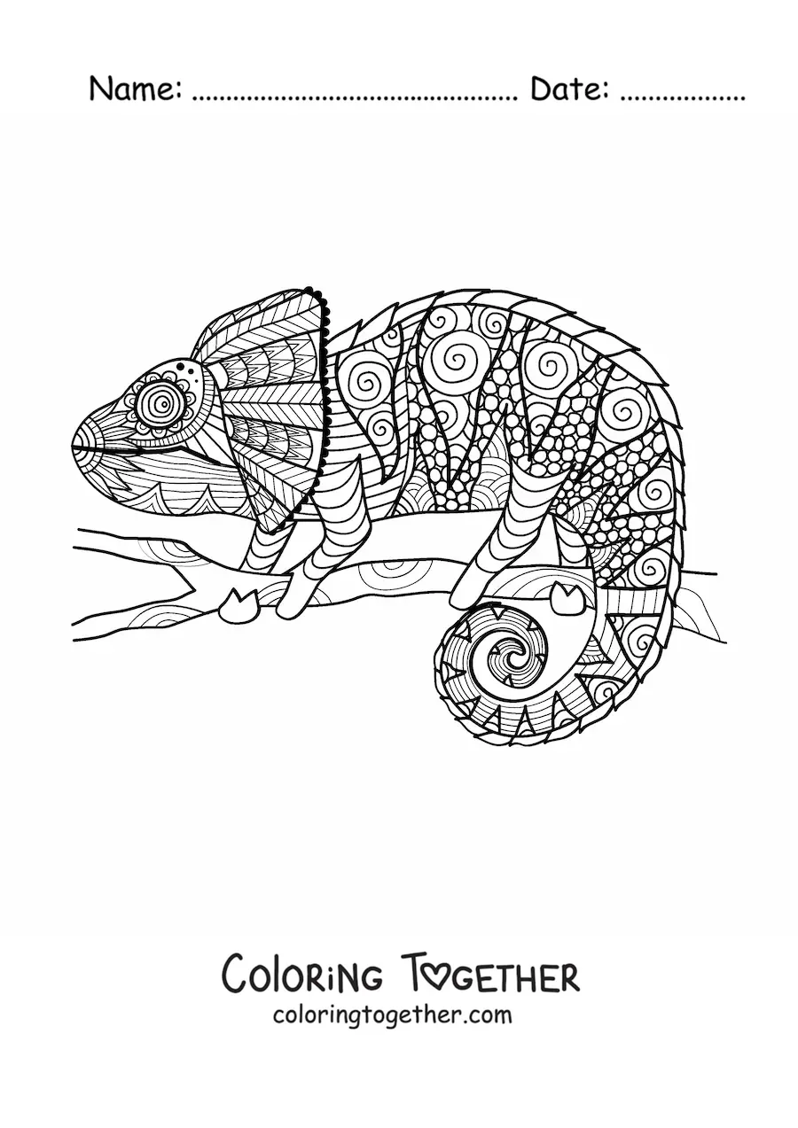 Coloring page of a chameleon mandala