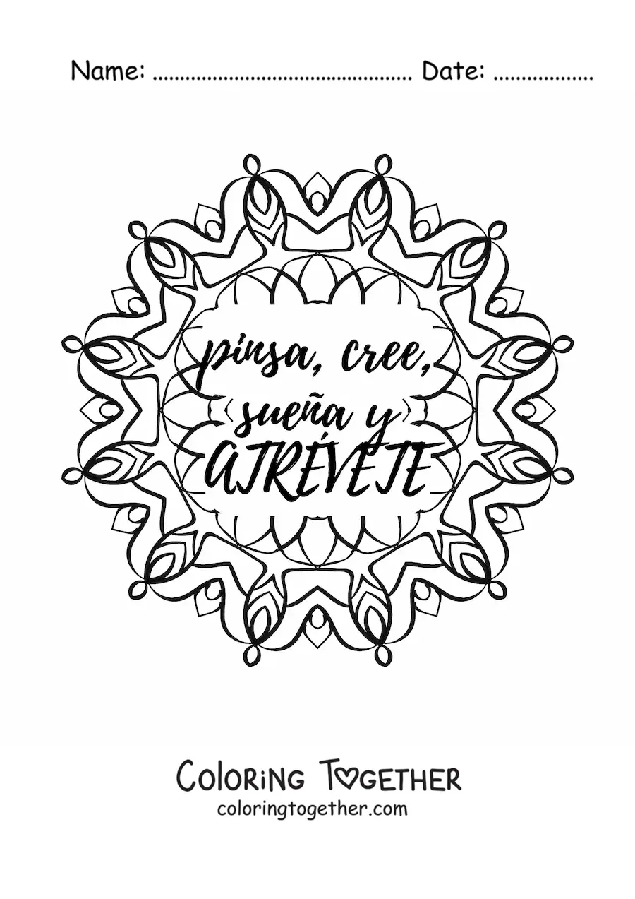 Coloring page of a mandala with the phrase think, believe, dream and dare