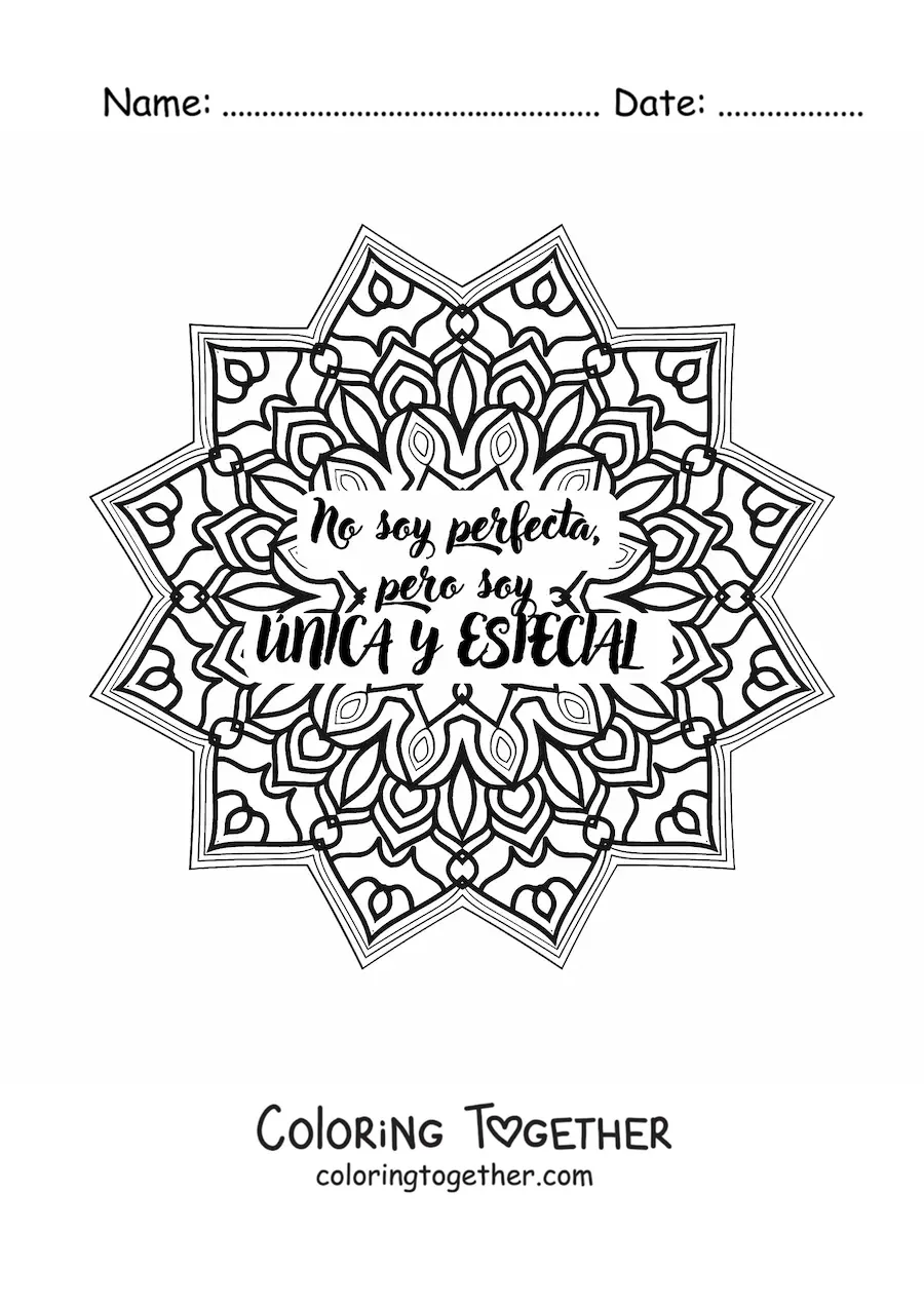 Coloring page of a mandala with the phrase I'm not perfect, but I'm unique and special