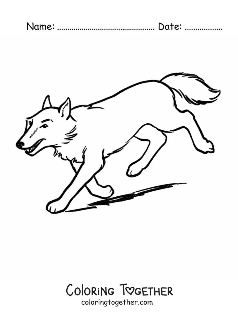 Coloring page of a wolf running down a slope