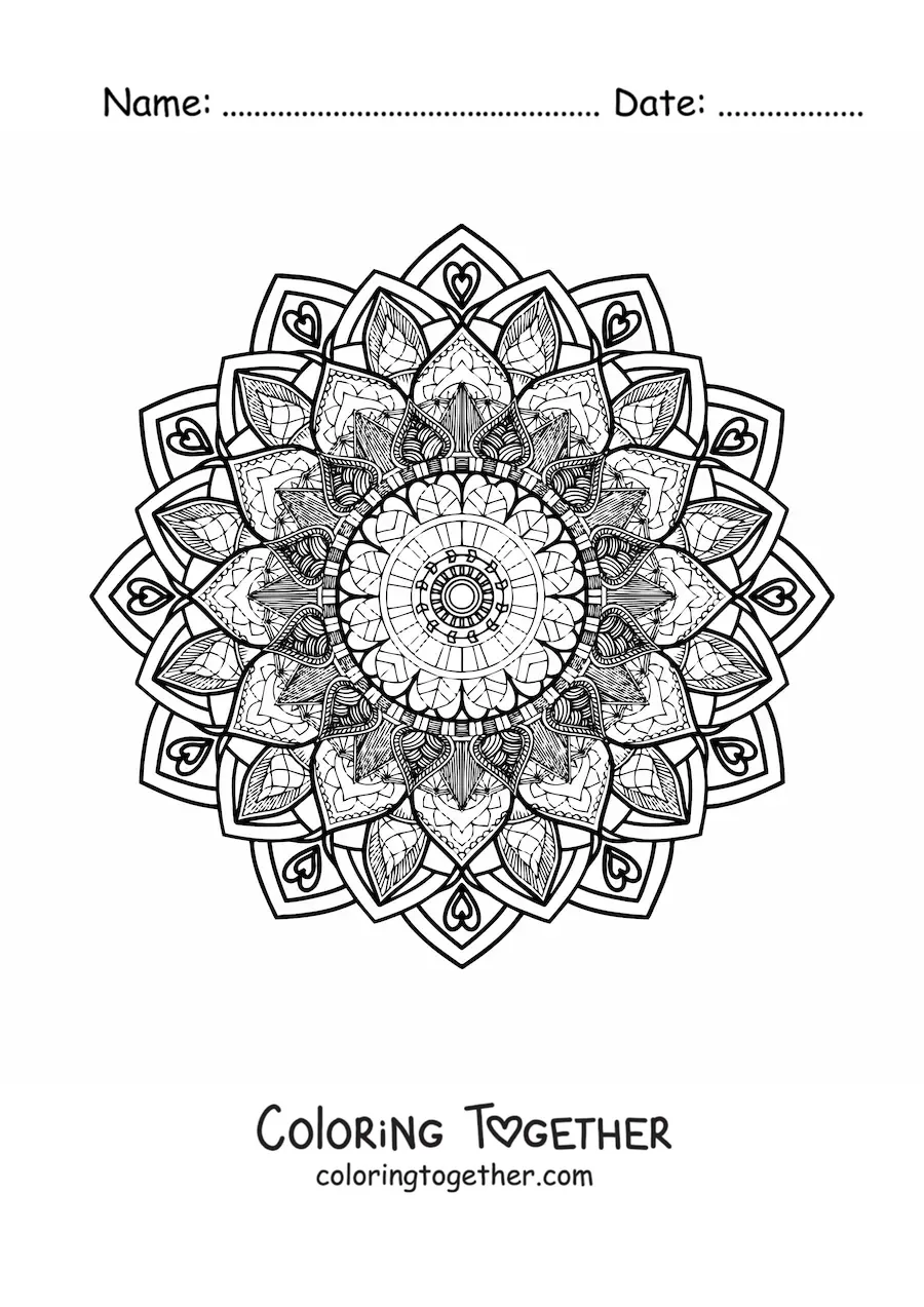 Coloring page of a hard floral mandala