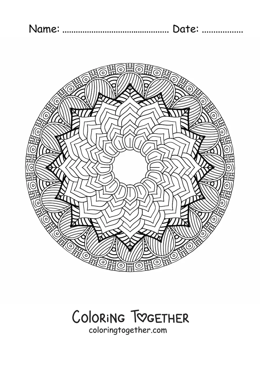 Coloring page of a hard floral mandala