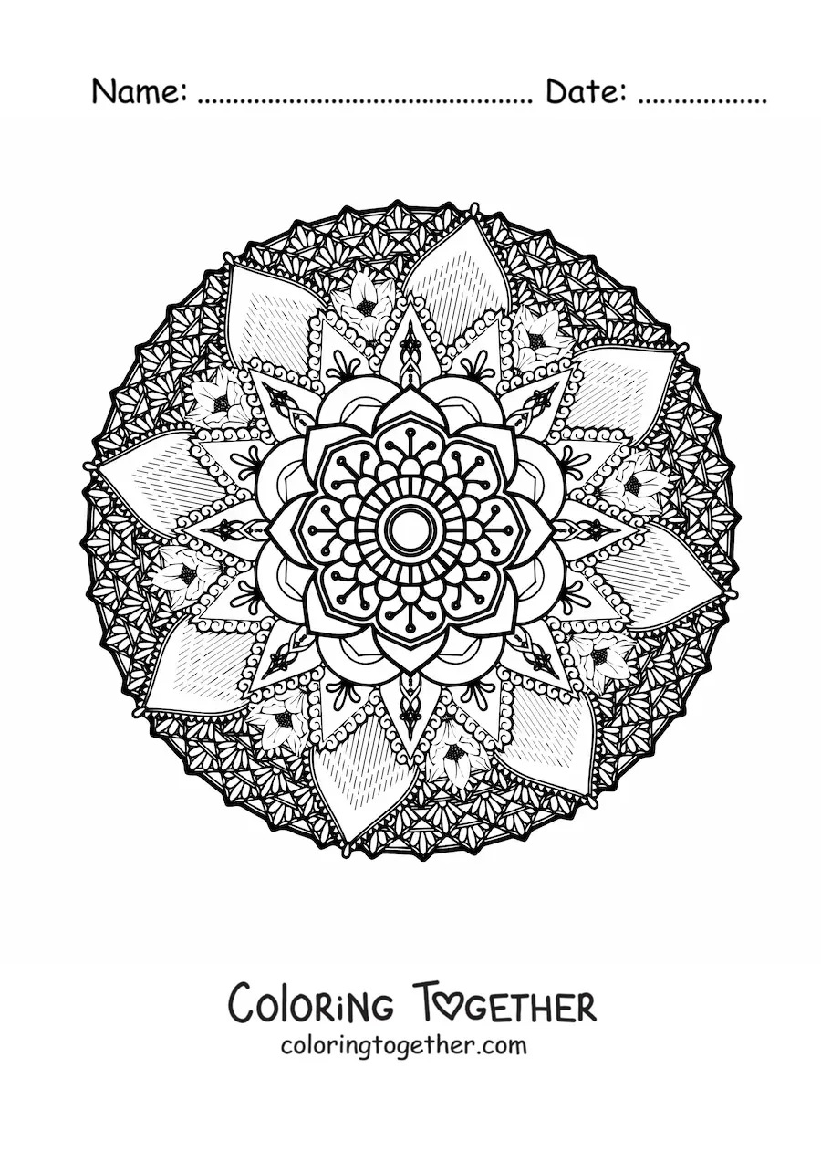 Coloring page of a hard floral mandala