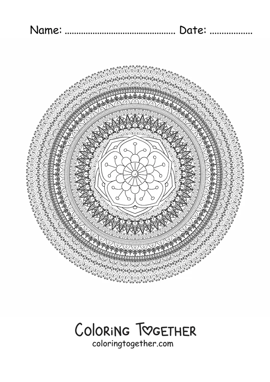 Coloring page of a hard circular mandala
