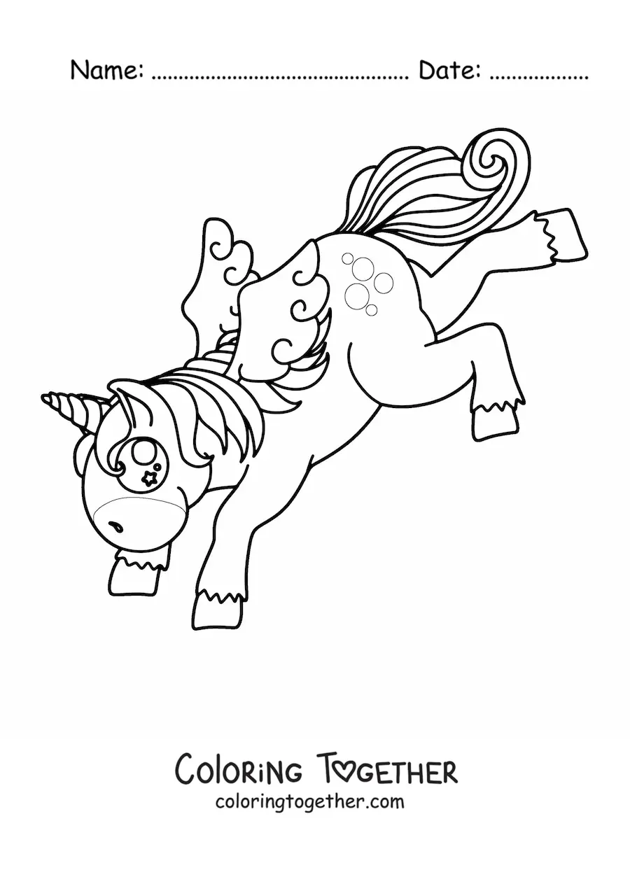 Coloring page of an animated unicorn dancing on its front legs