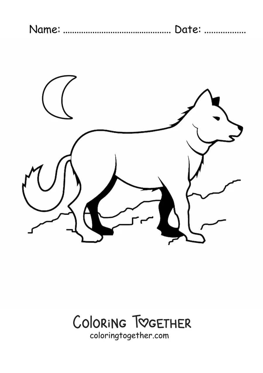 Coloring page of a wolf with the moon in the background