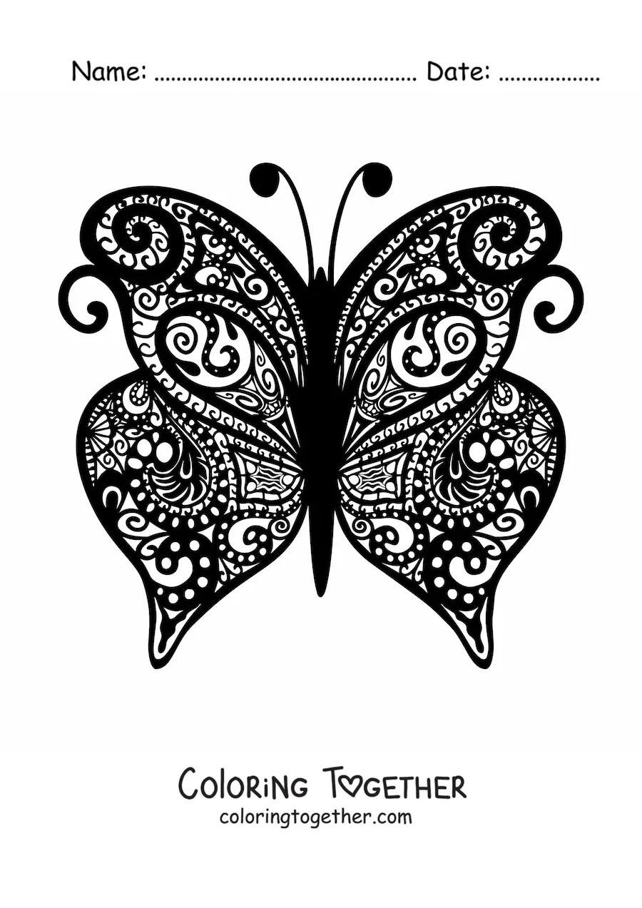 Coloring page of a butterfly with a Zentangle style mandala
