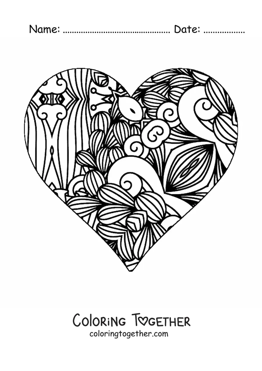 Coloring page of a heart with a Zentangle style mandala
