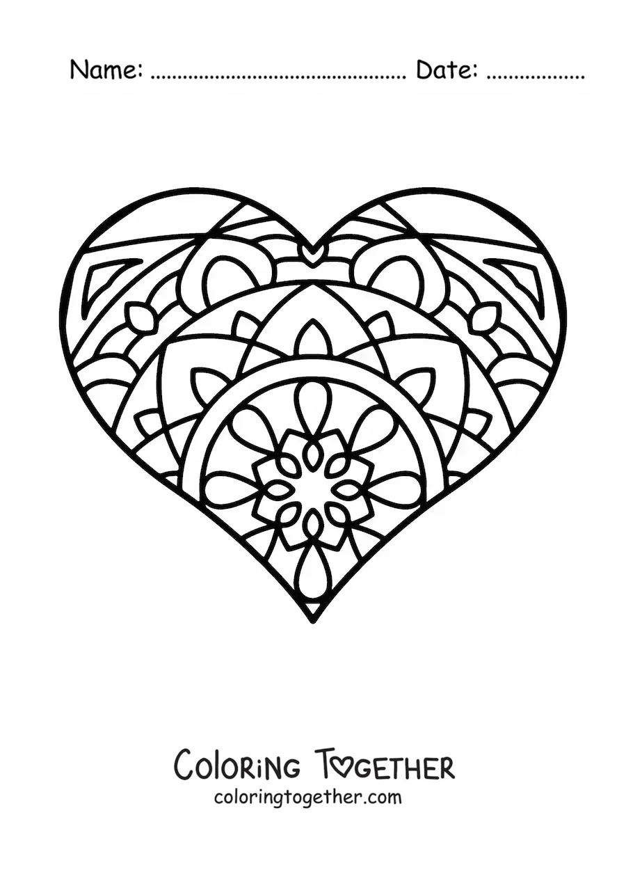 Coloring page of a heart with a Zentangle style mandala