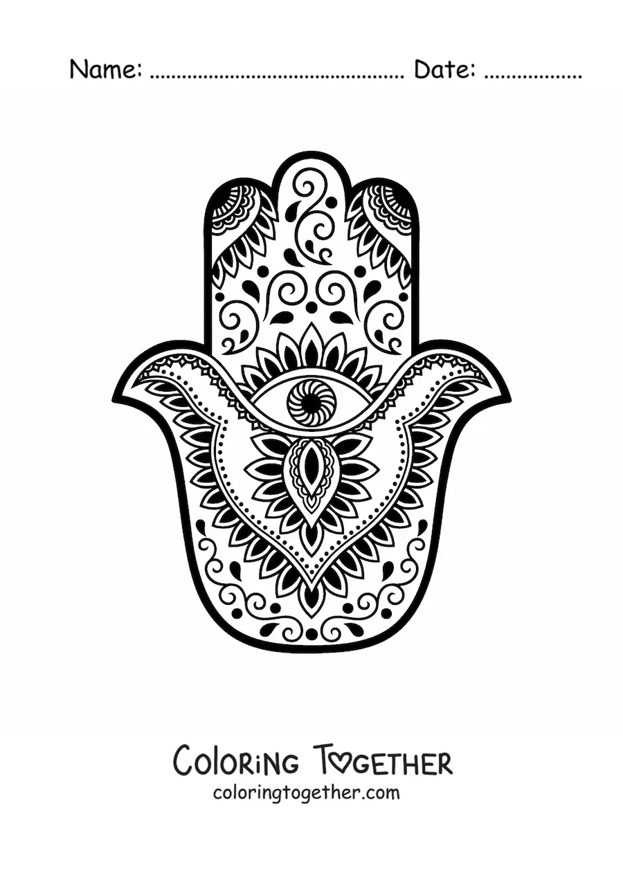 Coloring page of a hand with a Zentangle style mandala