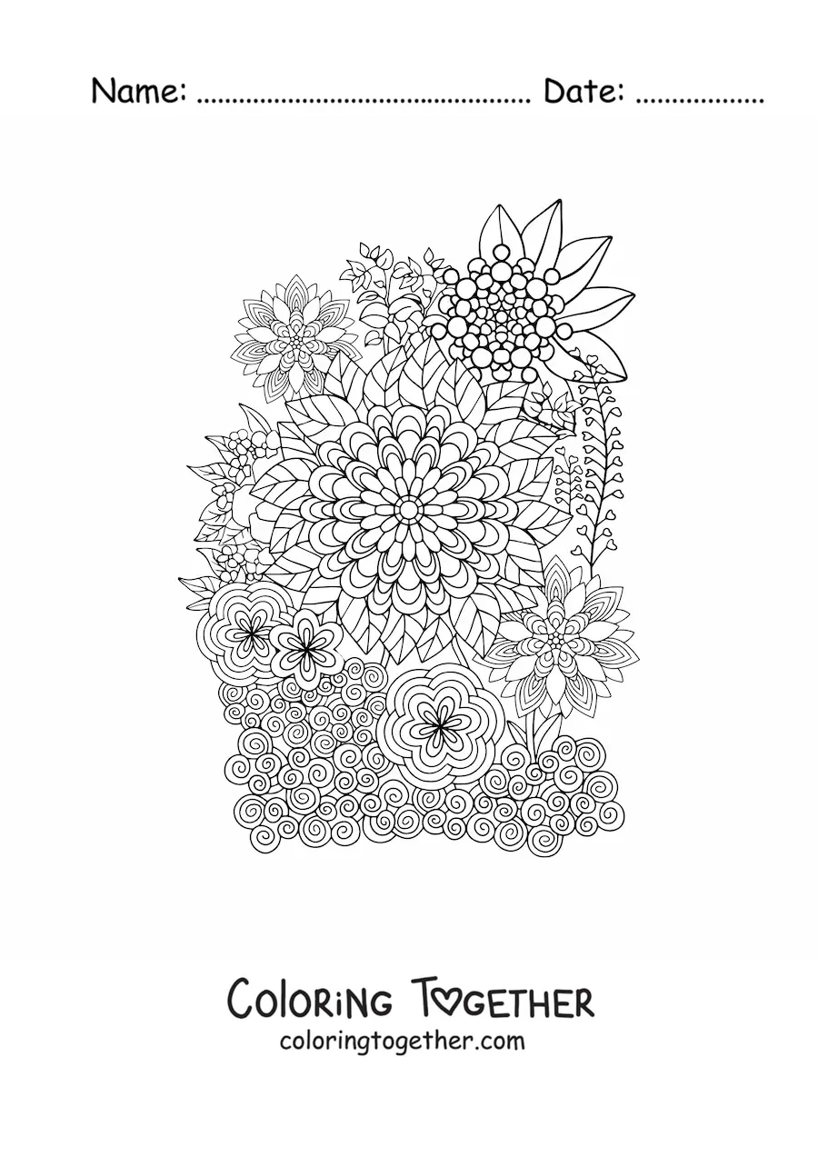 Coloring page of Zentangle style flowers