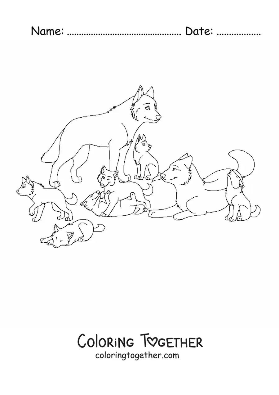 Coloring page of a pack of cartoon wolves