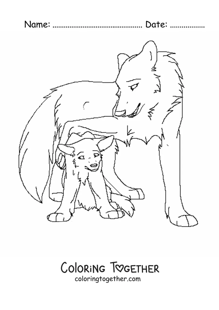 Coloring page of a baby wolf with its mom