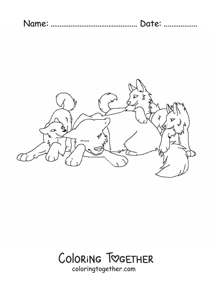 Coloring page of a pack of cartoon wolf cubs