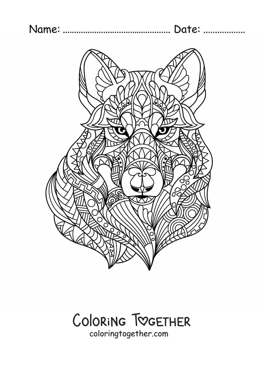 Coloring page of a mandala shaped like a wolf's head