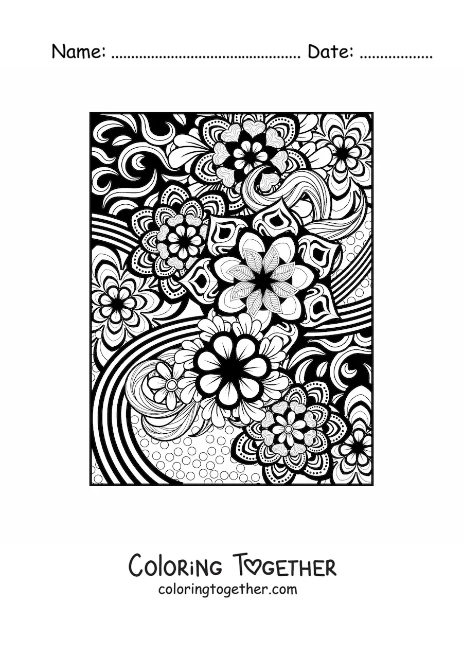 Coloring page of a Zentangle style floral mandala