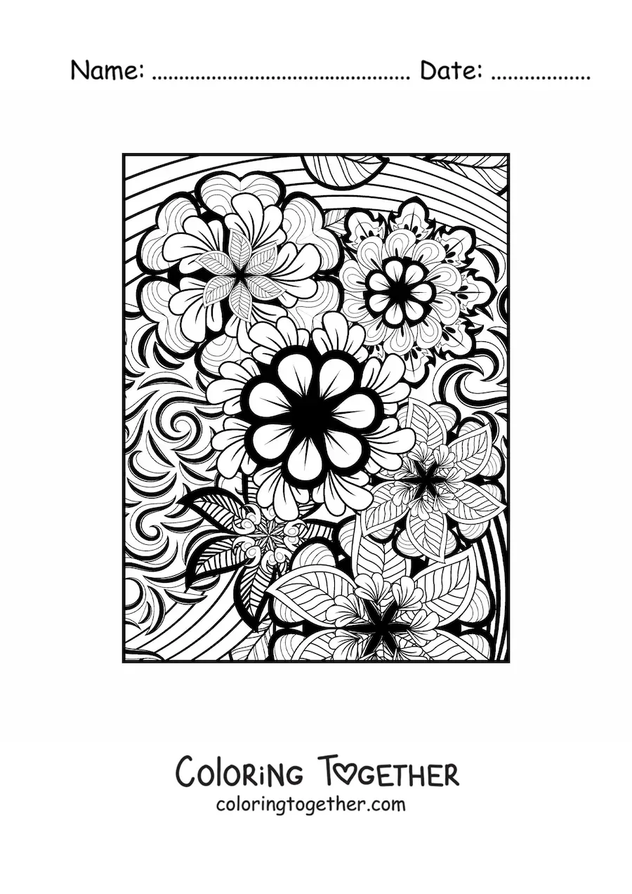 Coloring page of a Zentangle style floral mandala