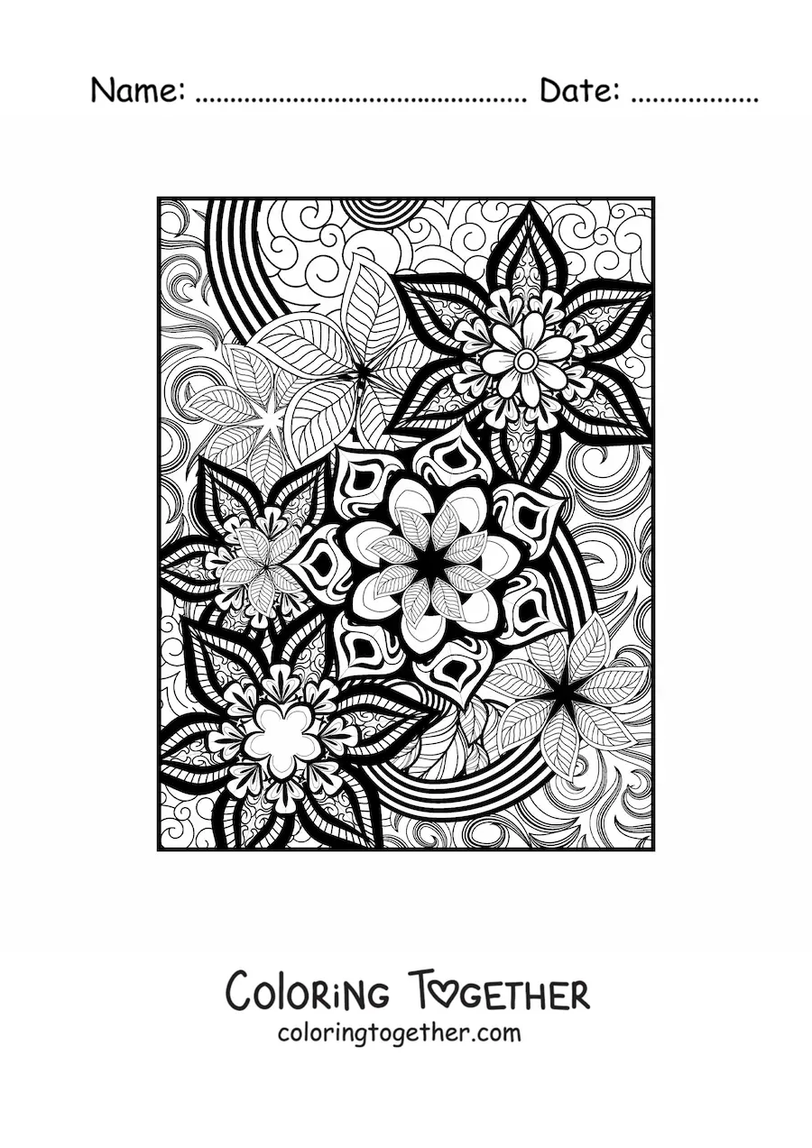 Coloring page of a Zentangle style floral mandala