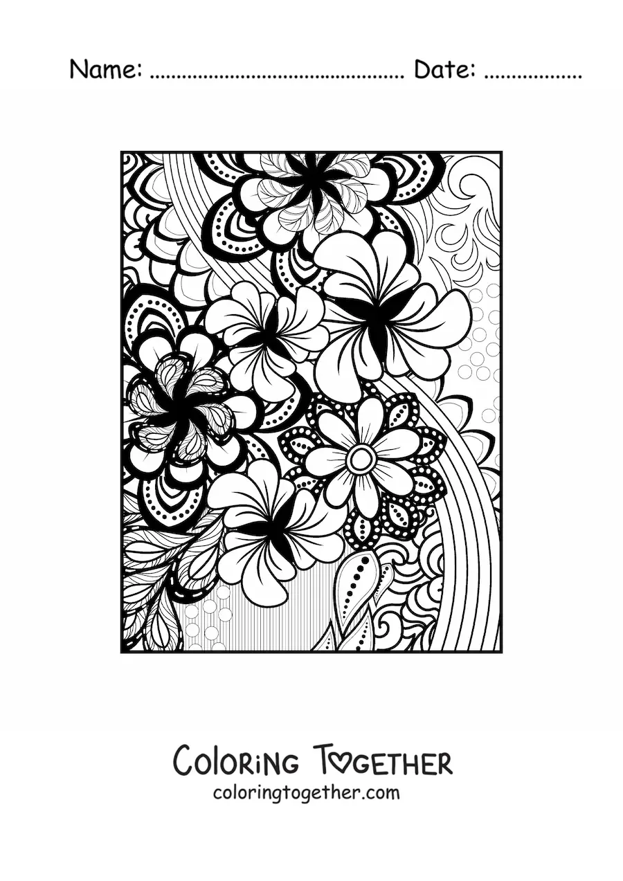 Coloring page of a Zentangle style floral mandala