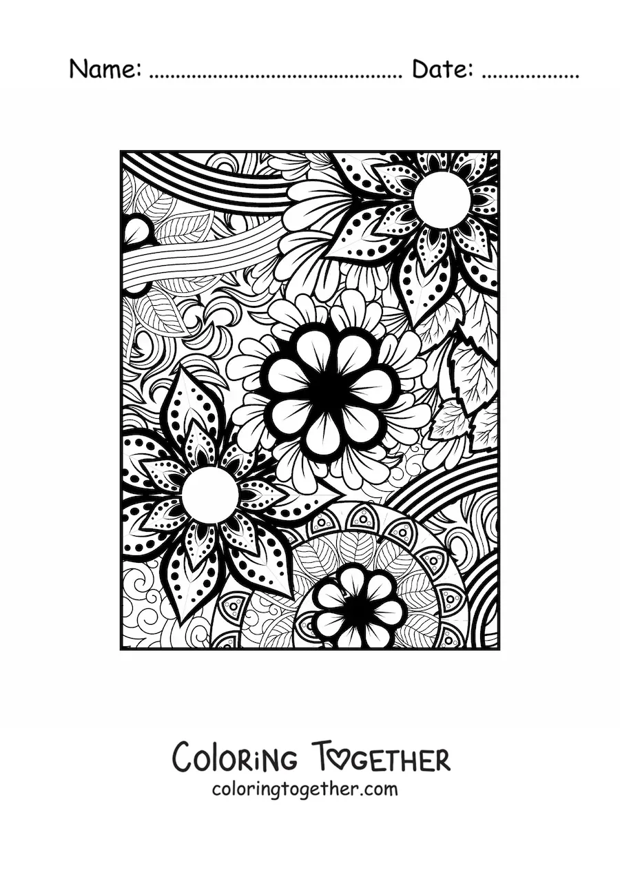 Coloring page of a Zentangle style floral mandala