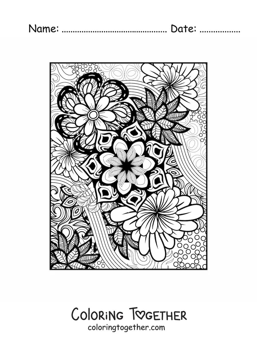 Coloring page of a Zentangle style floral mandala
