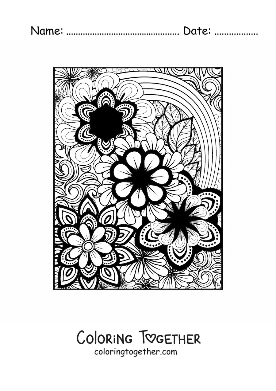 Coloring page of a Zentangle style floral mandala
