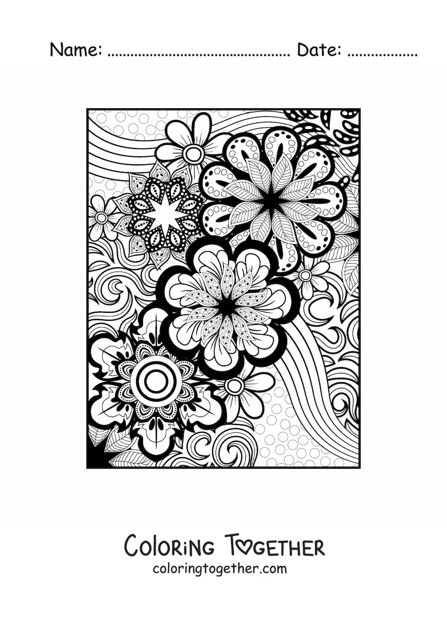 Coloring page of a Zentangle style floral mandala