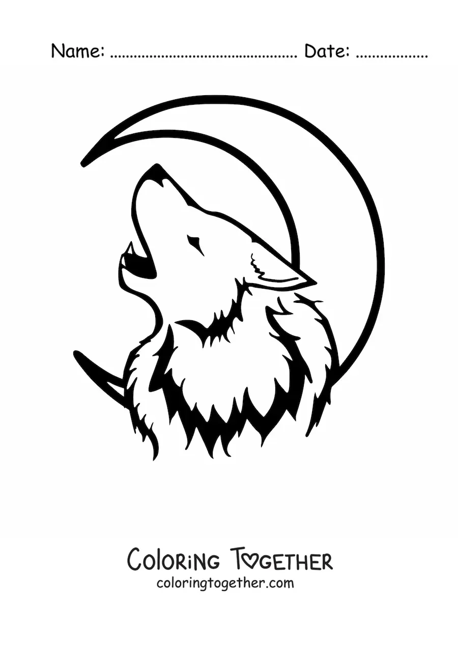 Coloring page of a wolf's head howling at the moon