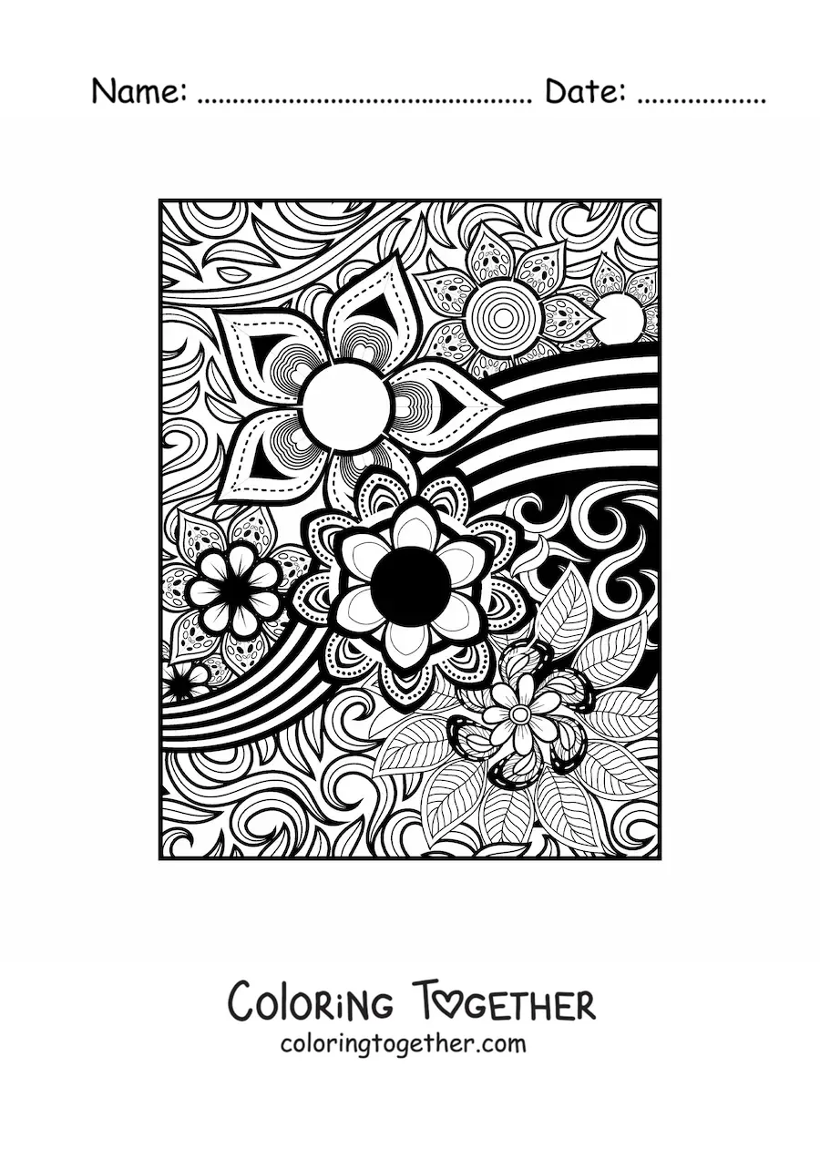 Coloring page of a Zentangle style floral mandala