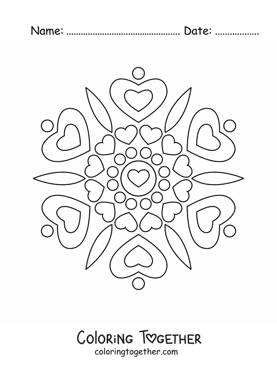 Coloring page of an easy mandala with hearts