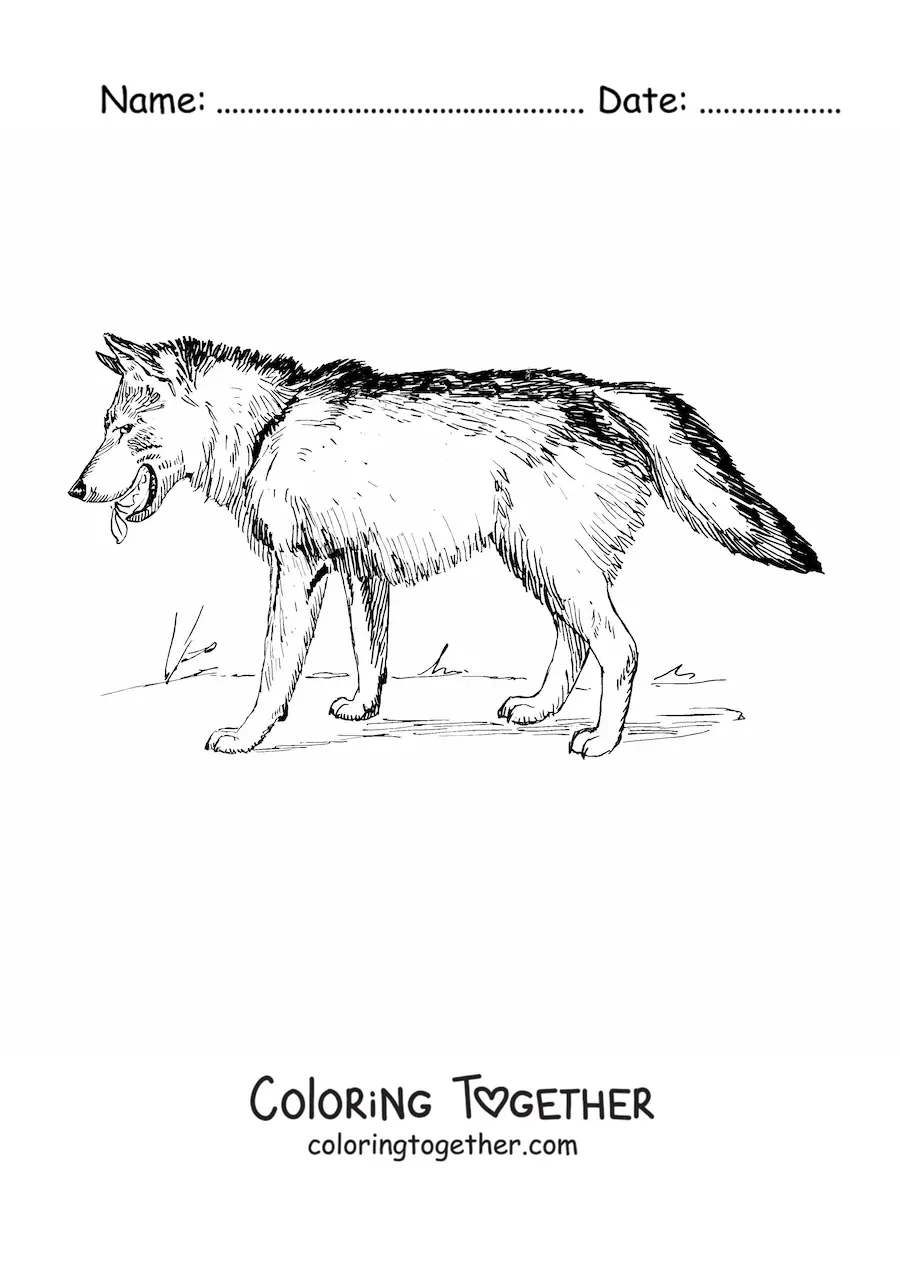 Coloring page of a realistic wolf walking to the left