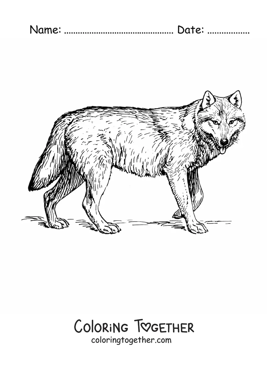Coloring page of a realistic wolf walking to the right