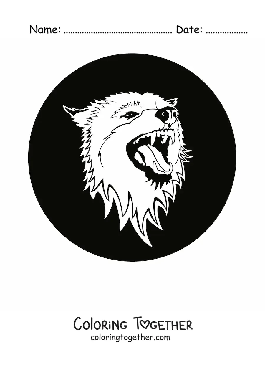 Coloring page of a fierce wolf head inside a circle