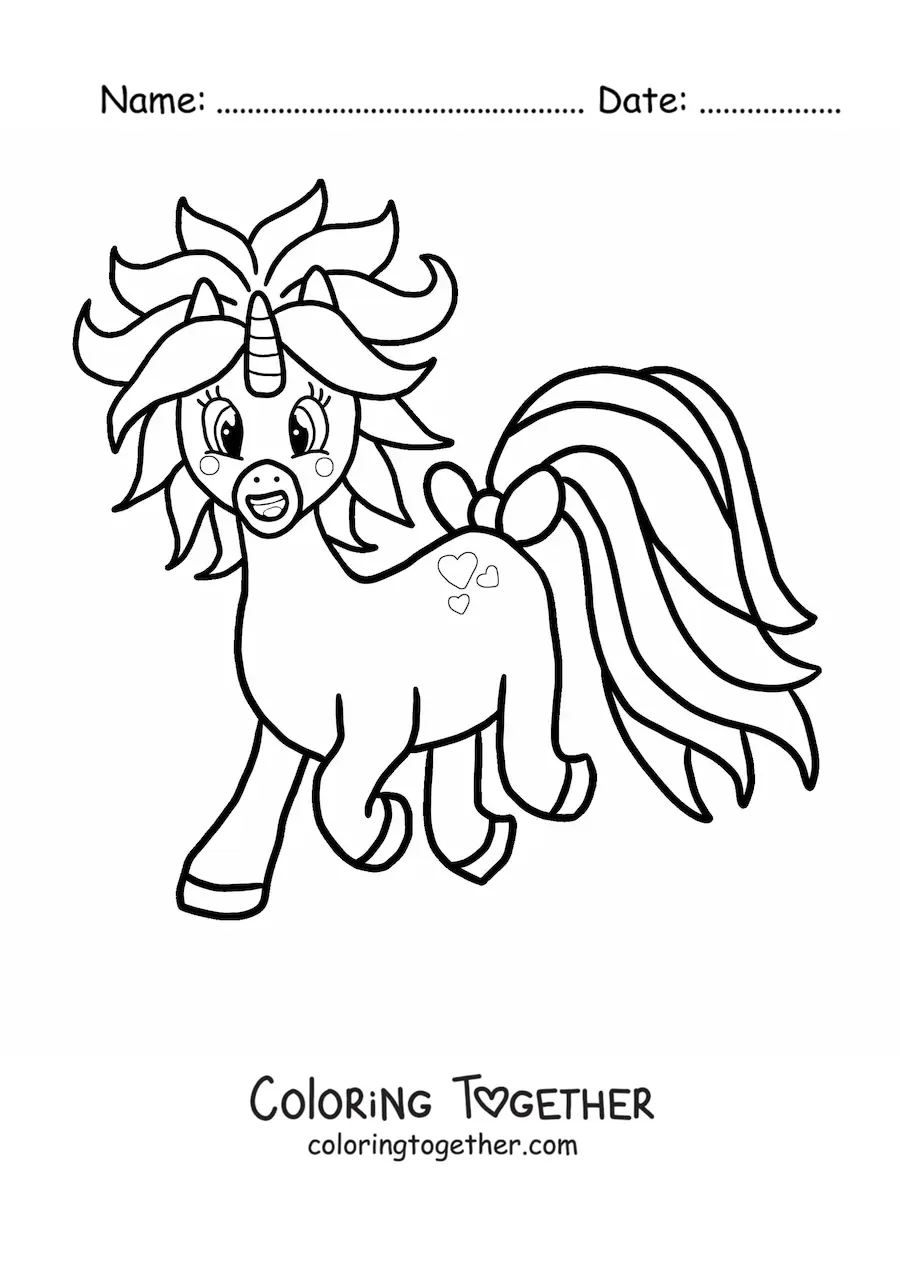 Coloring page of a unicorn pony