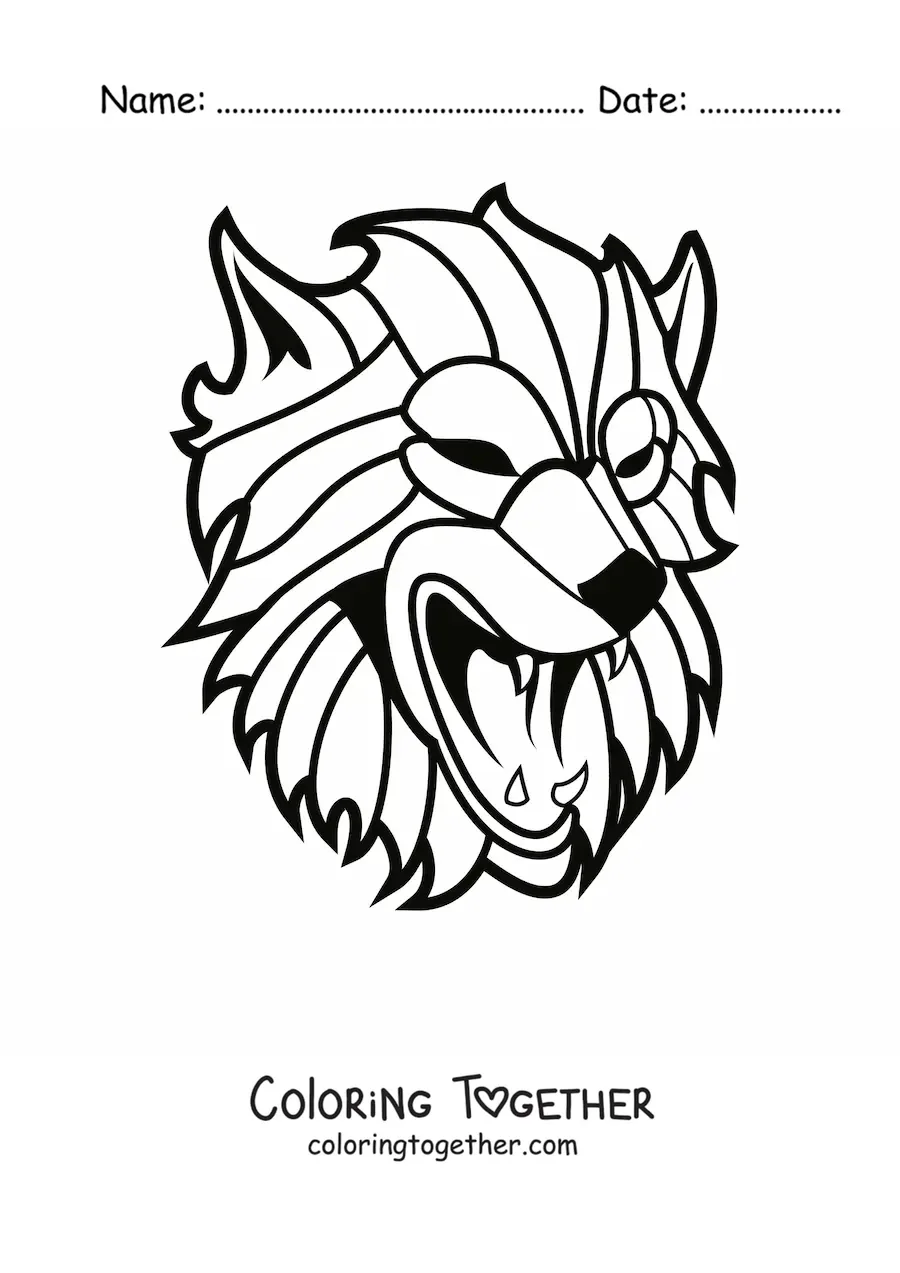 Coloring page of a fierce wolf head