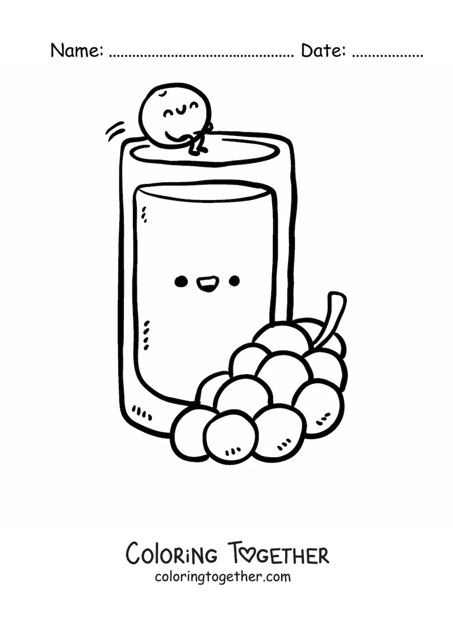 Coloring page of a glass of grape juice with kawaii grapes