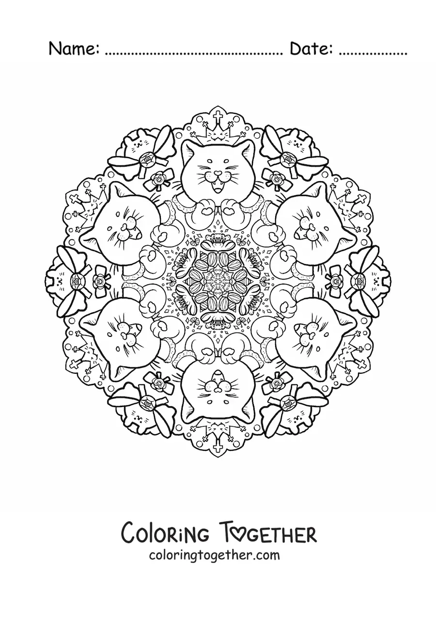 Coloring page of a cat mandala for primary school kids