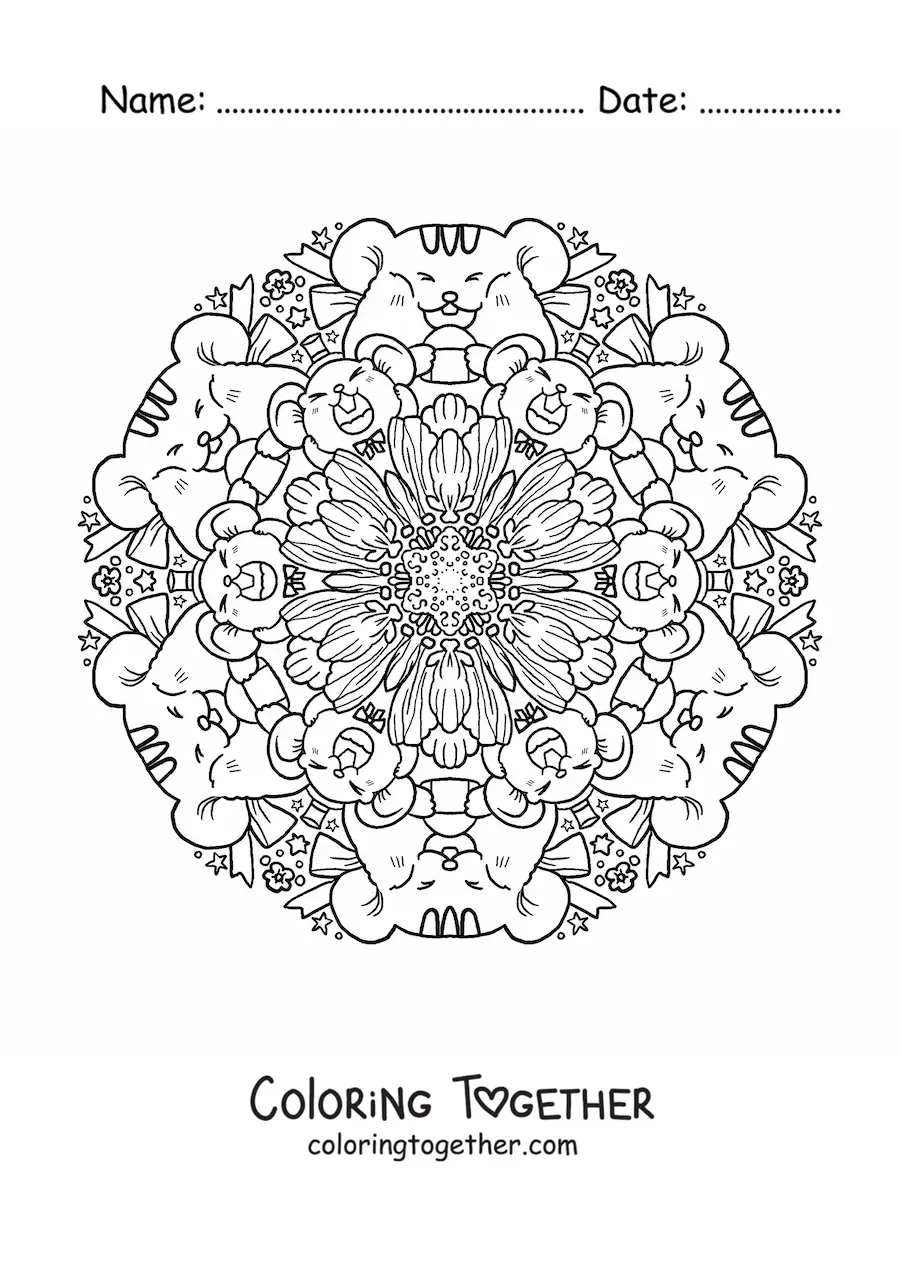 Coloring page of a mice mandala for primary school kids