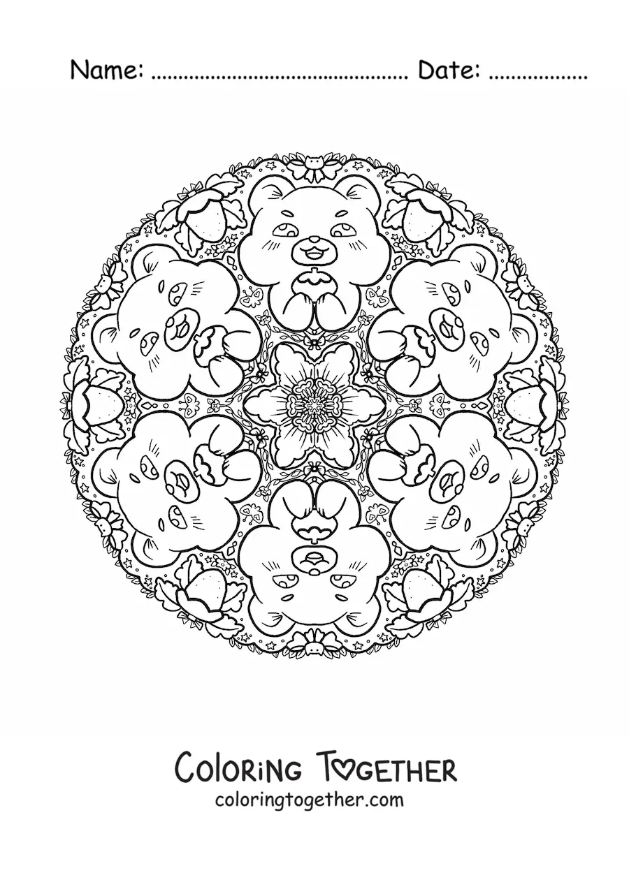 Coloring page of a bear mandala for primary school kids