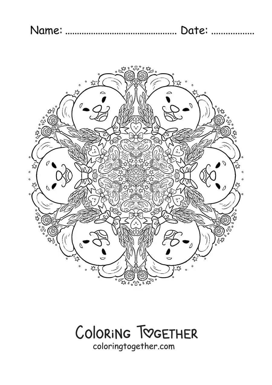 Coloring page of a koala mandala for primary school kids