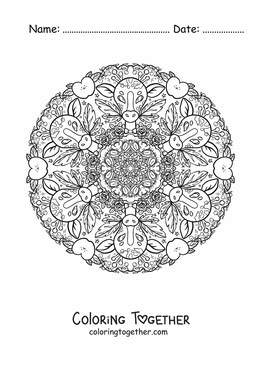 Coloring page of a giraffe mandala for primary school kids